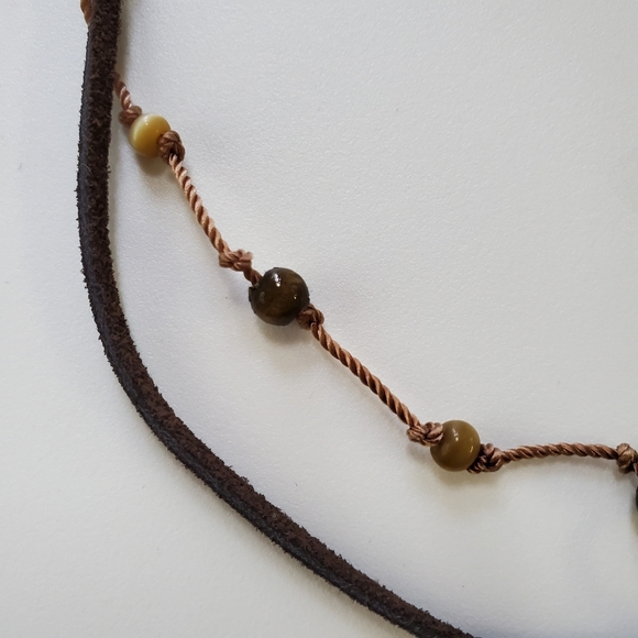 Boho Necklace with Flat Green Stone and Brown Cord - Picture 5 of 7